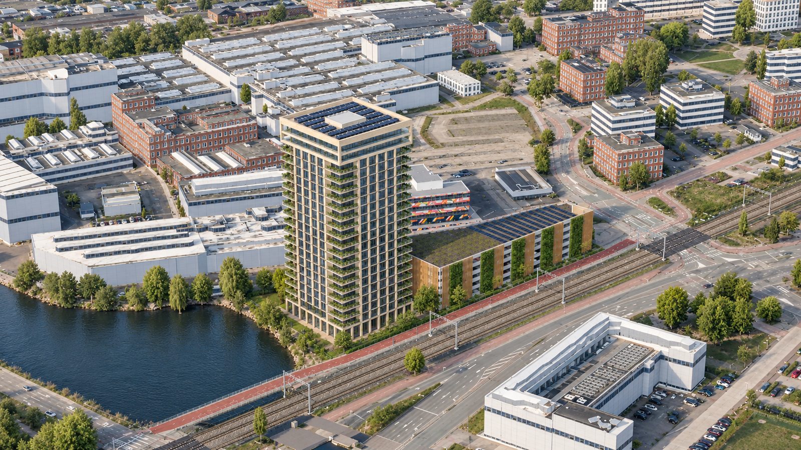 Foto-impressie optie A: woontoren en parkeergarage langs het spoor aan de Zwaaikom, vanuit de lucht