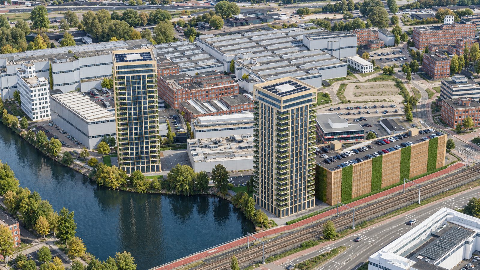 Foto-impressie optie B: twee woontorens en een parkeergarage van acht lagen, vanuit de lucht